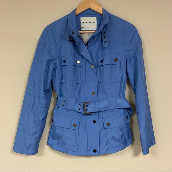 Zara Blue Trench Coat Women's Medium Lightweight Short Spring Rain Jacket Summer - Picture 3 of 8